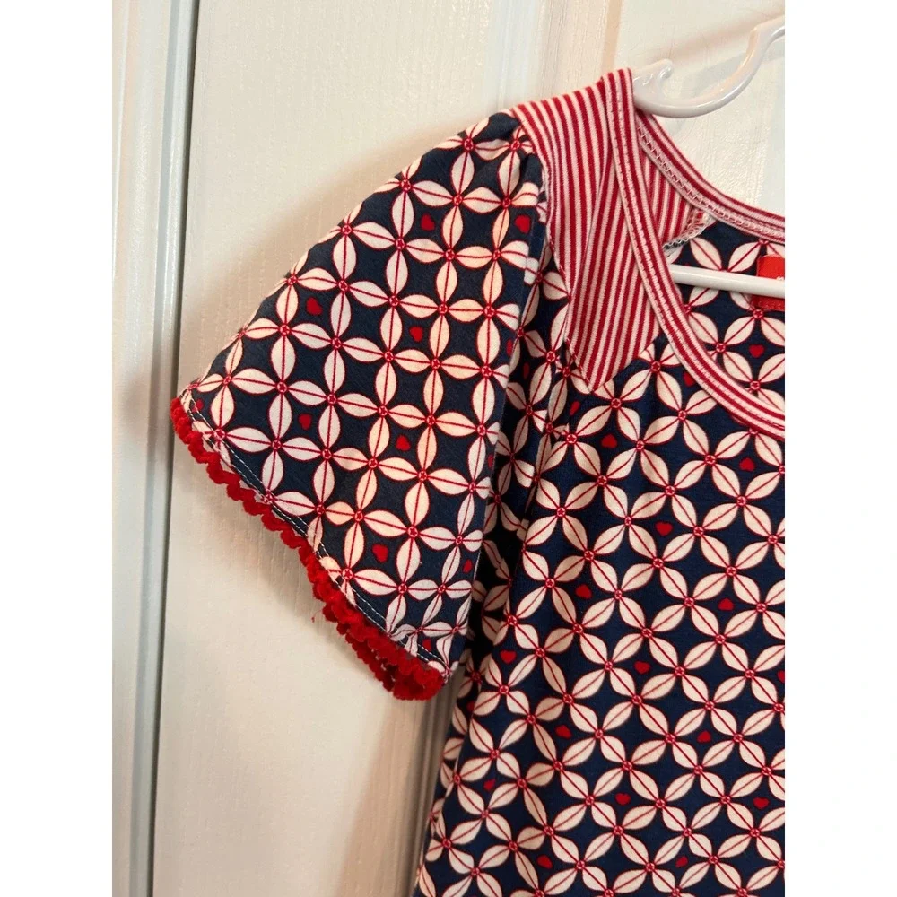 Mim-Pi Dress Navy Red Geometric Floral Heart Tiered Ruffle Flutter Sleeve 110
